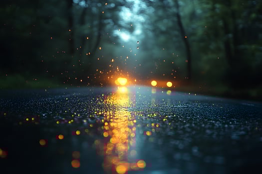 Moody Rainy Forest Road with Reflections of Car Lights at Dusk - Atmospheric Nature Photography photo