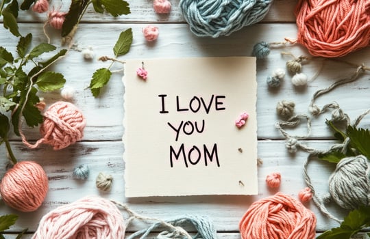 I love you mom card with yarn and flowers photo