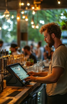 A man is using a tablet at a bar photo