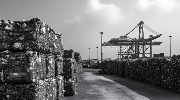Plastic waste bales stacked in port awaiting export shipping photo