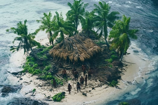 North sentinel island inhabitants walking on the beach near a thatch hut, aerial photo