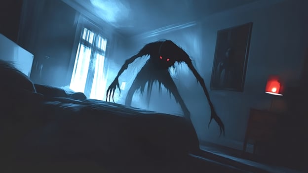 Scary shadow monster lurking in dark bedroom at night photo
