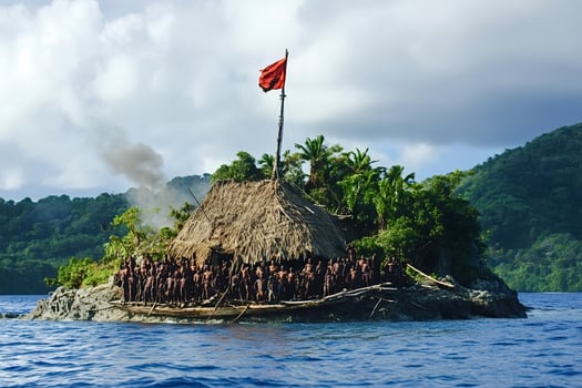 Indigenous tribe gathering on island with red flag and hut photo