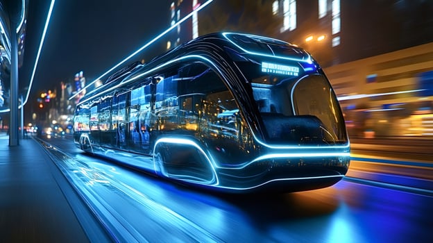 Futuristic self-driving tram driving through night city street photo