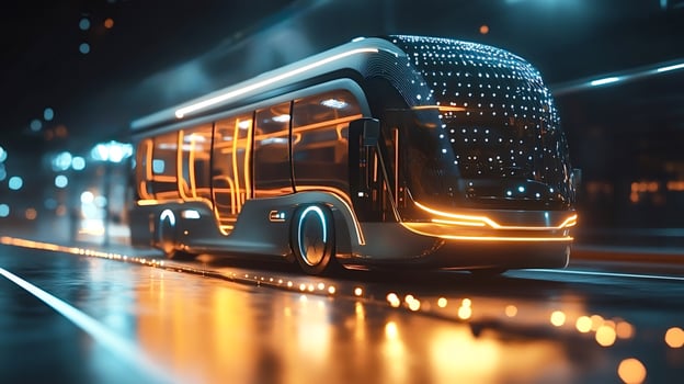 Futuristic autonomous bus driving on smart city street at night photo