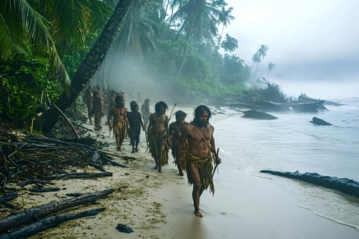 Indigenous tribe walking on tropical beach during misty morning photo