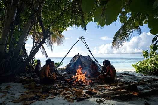 Indigenous people gathering around campfire on tropical beach photo