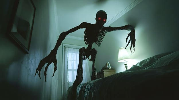 Scary skeleton entering bedroom at night photo