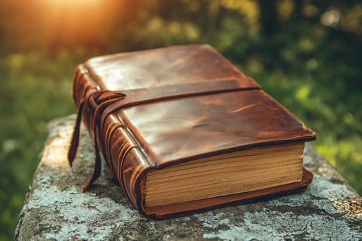 Vintage leather bound journal in forest setting photo