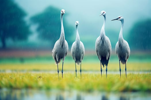 Group of four crane birds standing in field photo