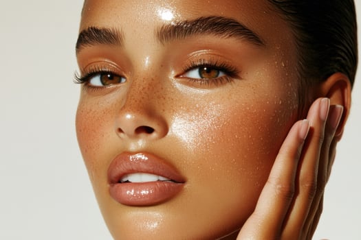 Model showing perfect glowing skin and glossy lips touching her face photo