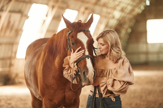 Embracing the head of the animal.. Beautiful young woman is with horse indoors photo