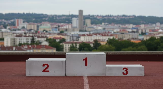 Empty Sports Podium for Winners with City Skyline Background - Symbol of Victory, Ranking, and Athletic Achievement photo