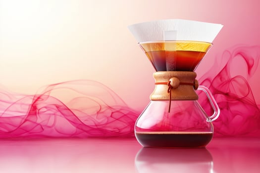 beautifully crafted artisanal coffee brewing setup with glass pour over coffee maker, surrounded by vibrant pink smoke like swirls, creating warm photo