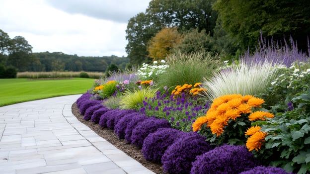 Colorful flowerbed bordering paved path in a garden photo