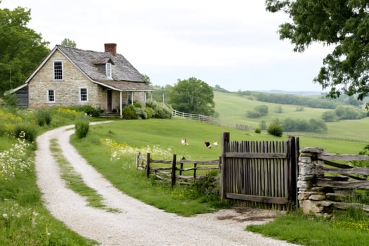Chickens grazing in green field near gravel road leading to stone farmhouse photo