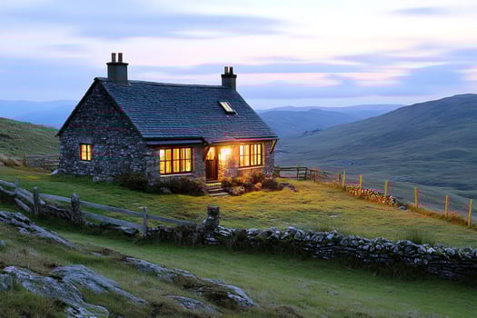 Cozy stone cottage illuminating the vast landscape at dusk photo