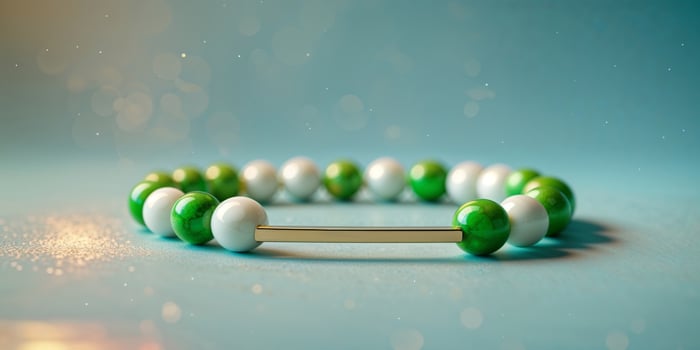 A green and white beaded bracelet with a gold bar. photo