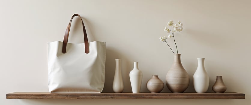 A wooden shelf with vases and a bag photo