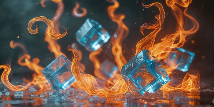 Flaming ice cubes on water photo