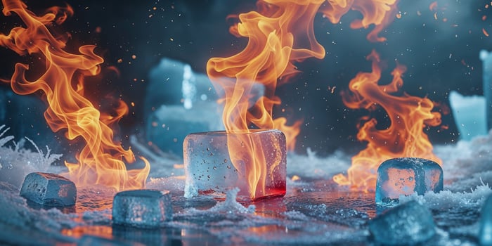 Ice and Fire Conceptual Background with Flames and Ice Cubes for Visual Contrast and Dramatic Effect photo