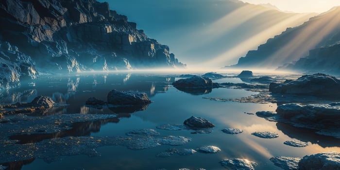 Dark Blue Rocky Landscape With Water Pools and Mist photo