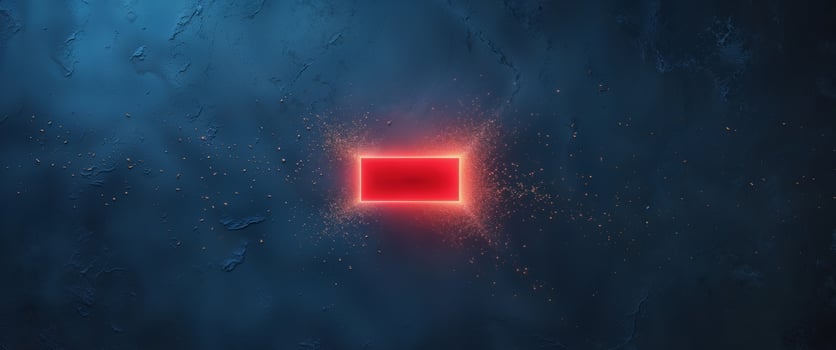 Glowing Red Rectangle with Particles on Dark Blue Textured Background. photo
