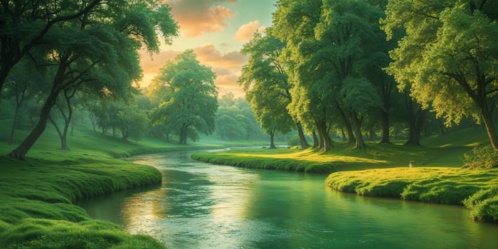 Serene river winding through lush green landscape. photo