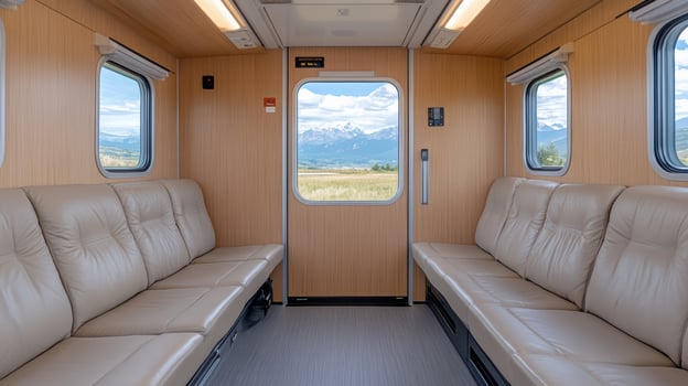 cozy train cabin with leather seats and wood paneling, offering stunning mountain views photo