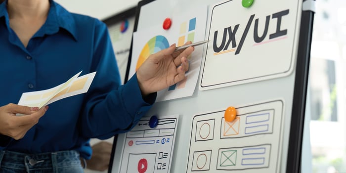 Strategizing for UX UI Success. A designer points out critical elements of a UX strategy board. photo