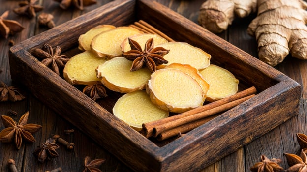 A wooden tray holds slices of ginger, cinnamon sticks, and star anise, showcasing a rich arrangement of spices. photo
