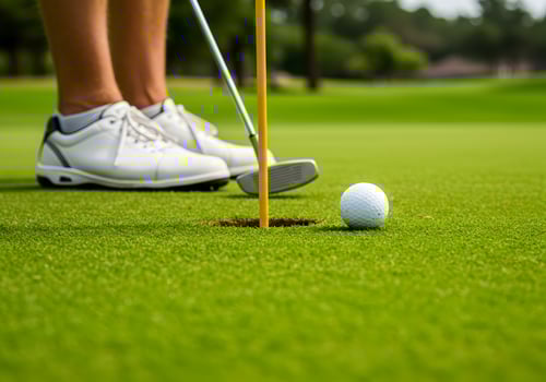 Close up of Golfer Feet and Putting on Green photo