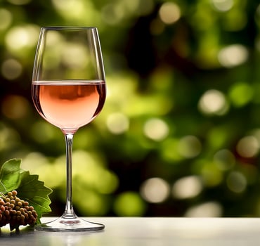 Elegant glass of rose wine beside fresh grapes on table surrounded by lush greenery. Glass of rose wine on table next to fresh grapes, with a blurred natural background of vibrant greenery, wine yard photo