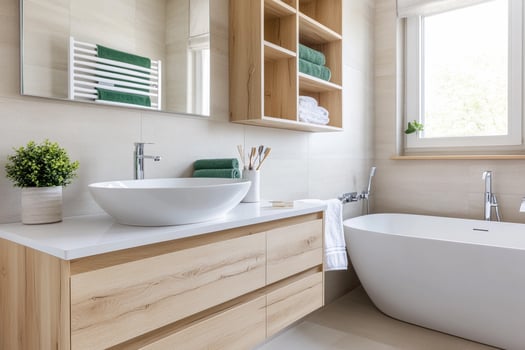 A clean bathroom with a white tub and sink photo