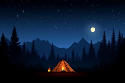 A camp site with a tent and fire in the night photo