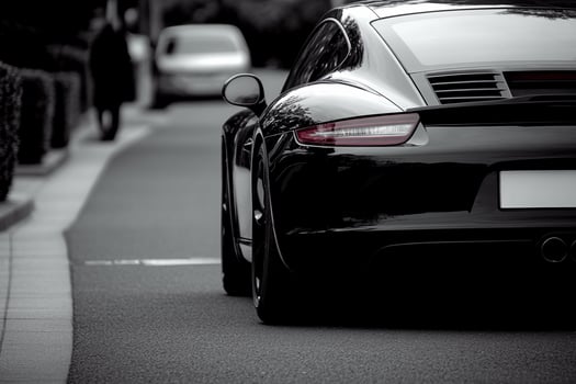 Black and white photo of a black sports car