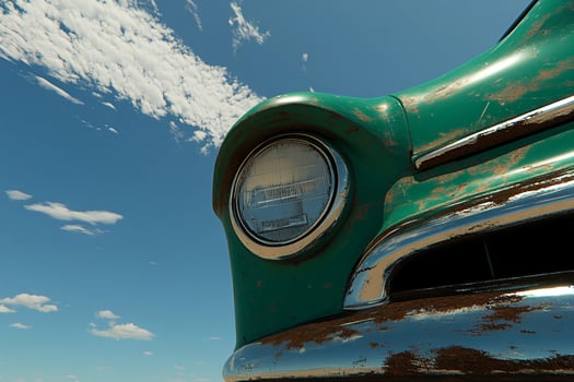 A close up of a rusty old car with a blue sky photo