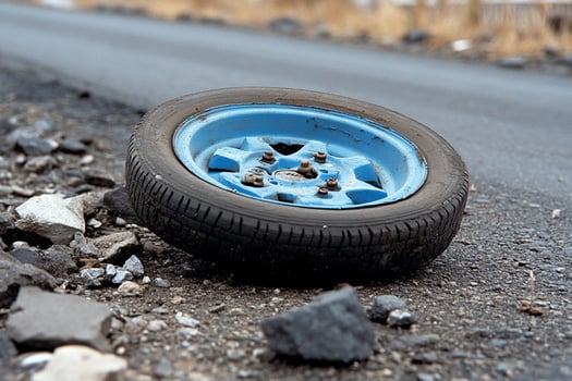 A blue tire on a road photo