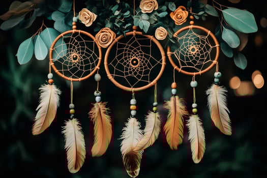 Dream catchers hanging with feathers and beads on a green background photo