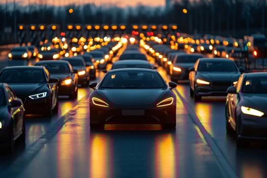 Sports car leading traffic jam on highway at dusk photo