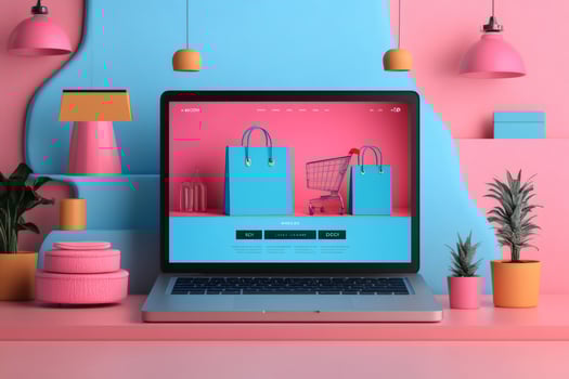 Laptop showing online shopping website in modern decorated room photo