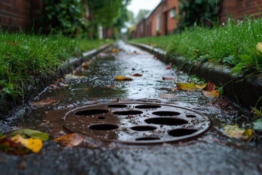 Rainwater flows into a storm drain on a residential street photo