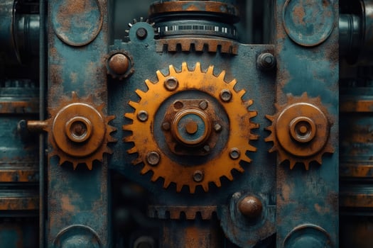 Rusty gears rotating in a complex industrial machine photo