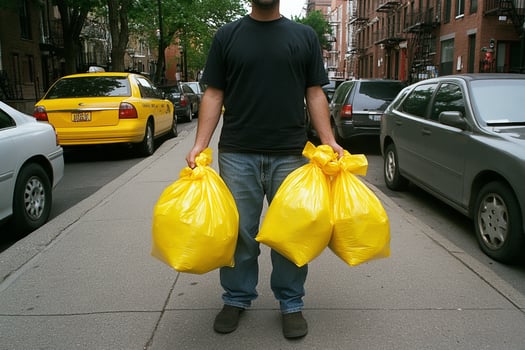 A man holding three bags of garbage on a city street photo