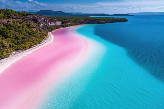 Pink beach meeting turquoise water in a tropical paradise photo