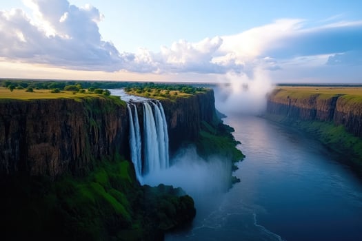 Victoria falls creating mist and spraying water at sunset in zimbabwe photo