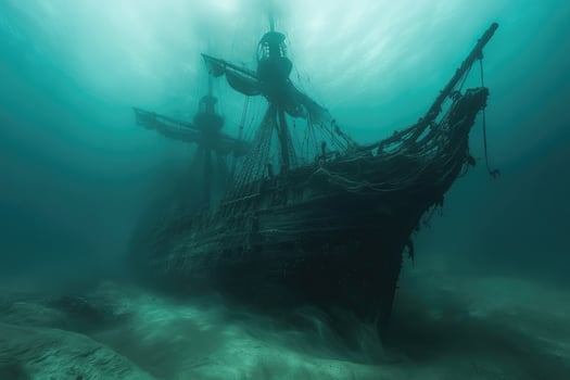 Sunken pirate ship lying on the ocean floor with damaged mast photo