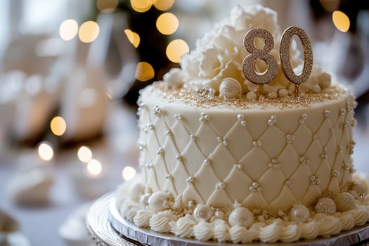 Elegant cake celebrating an 80th birthday milestone with festive bokeh background photo