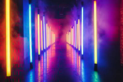 Colorful neon lights illuminating a smoky corridor creating a futuristic atmosphere photo
