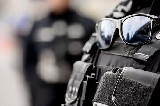 A police officer wearing sunglasses and a vest photo